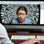 A confused person surrounded by small print and hidden fees on a computer screen, highlighting the frustration of unclear promotion terms.