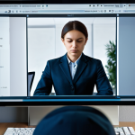 A professional individual, fully clothed in a modest, modern business outfit, looks attentively at a computer screen displaying a complex digital interface. The screen subtly features elements of dark patterns, such as a prominently highlighted but misleading "confirm" button, a tiny, barely visible "decline" option, and an automatically checked box. The subject's expression conveys mild frustration and deep concentration, symbolizing the feeling of digital manipulation. The background depicts a clean, modern office environment with a soft, digital glow emanating from the screen. Professional photography, high-quality, perfect anatomy, correct proportions, natural pose, well-formed hands, proper finger count, natural body proportions, safe for work, appropriate content, fully clothed, modest clothing, family-friendly.