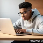 Home 22 다크패턴을 피하기 위한 사용자 교육 - **Prompt: The Unseen Costs in the Digital Cart**
"A young adult, perhaps a student with glasses,...