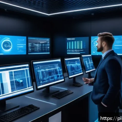 Home 32 다크패턴을 방지하기 위한 정책 제안 - A modern digital control room with multiple large transparent screens displaying AI-driven analytics...