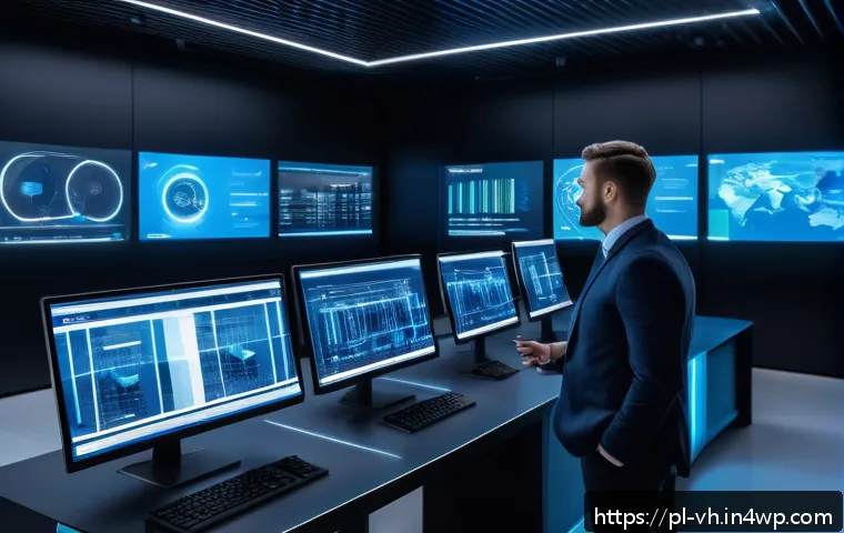 다크패턴을 방지하기 위한 정책 제안 - A modern digital control room with multiple large transparent screens displaying AI-driven analytics...